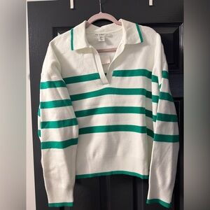 White and Green Striped Collared Sweater